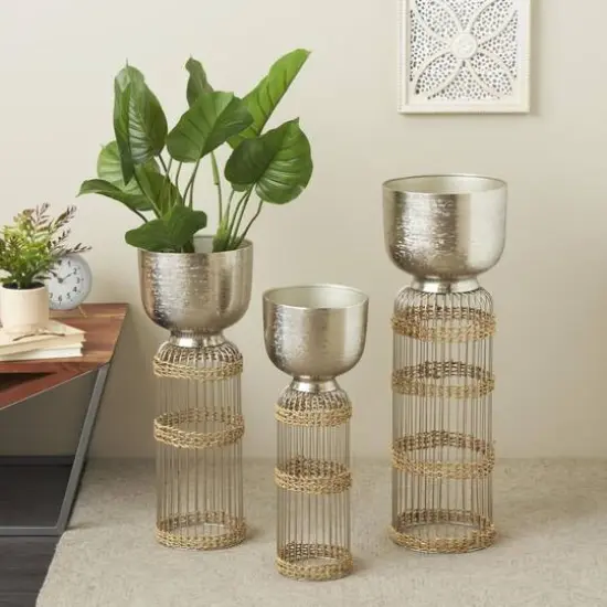 Silver Textured Rounded Dome Metal Planter Set {11}