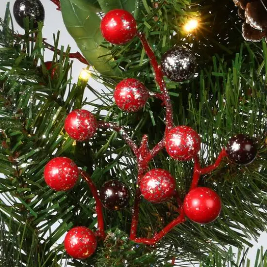 30" Frosted Pine Berry Collection Wreaths with Big White Edged Pine Cones, Red Berries, Silver Glittered Eucalyptus Leaves & Warm White LED Lights {6}