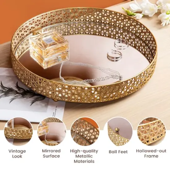 Glitzhome&reg; Gold Round Metal Mirrored Decorative Trays Set {3}