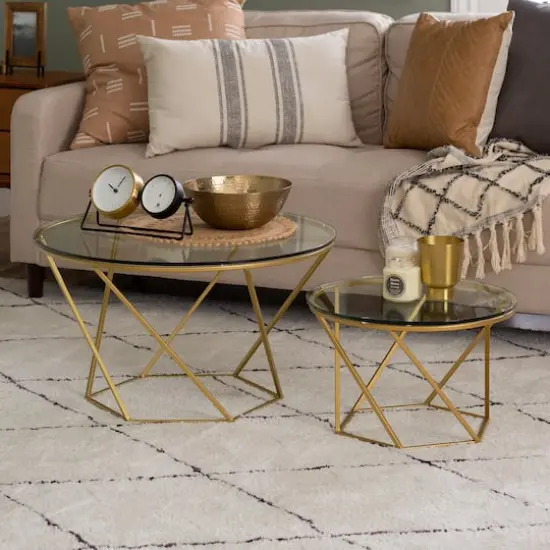 Walker Edison Gold Geometric Glass Nesting Tables Set {5}