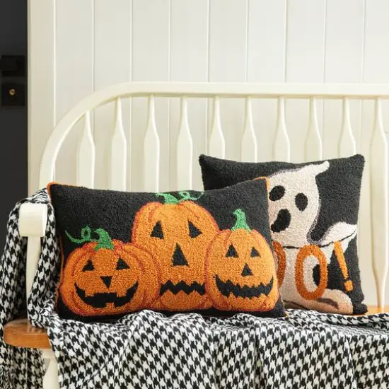 Glitzhome&reg; 18" x 12" Hooked Halloween Pumpkins Pillow {3}