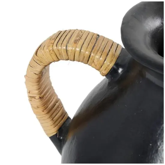 19" Black Ceramic Jug Vase with Rattan Wrapped Handles {4}