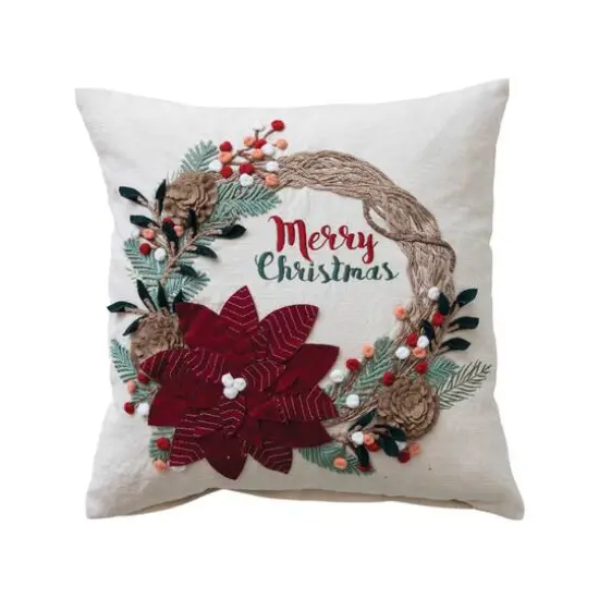 Hello Honey&reg; 18" Merry Christmas Embroidered Applique Wreath Cotton Pillow {1}