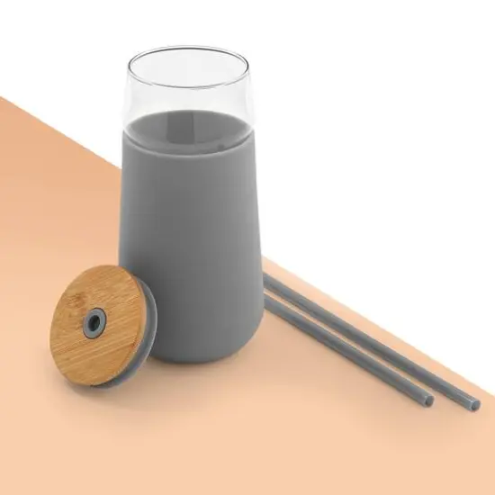 JoyJolt&reg; 20oz. Glass Tumbler with Straws & Silicone Sleeve Gray {8}