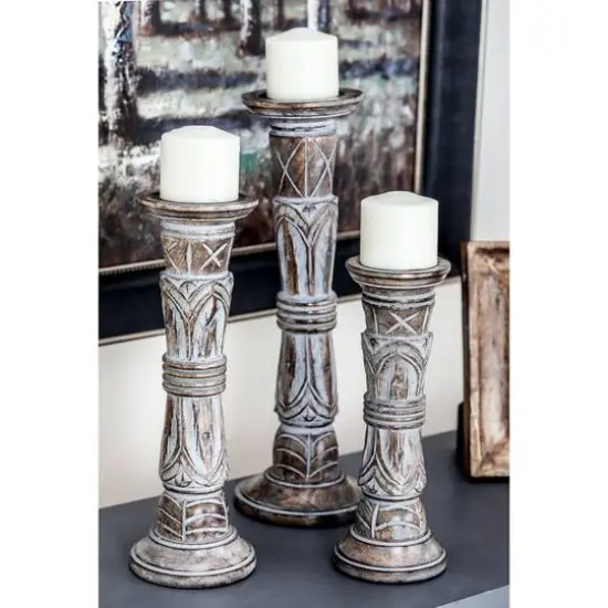 Light Brown Mango Wood Traditional Candle Holder Set {10}