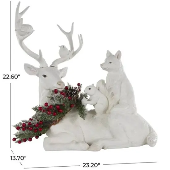 23" White Reindeer with Woodland Animals Sculpture {8}