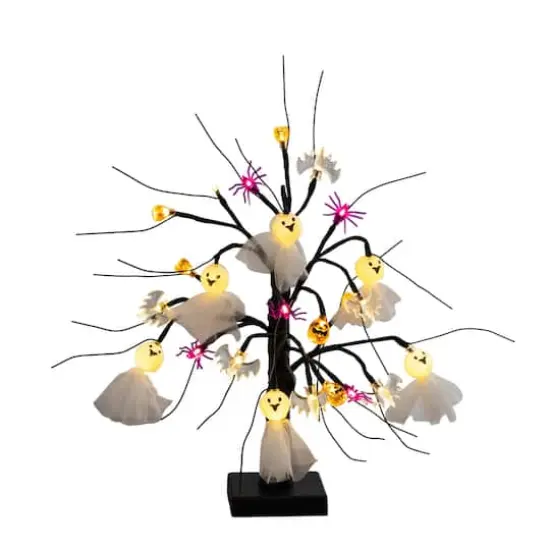 18in. Pre-Lit Artificial Halloween Ghost Dolls, Spiders, Bats & Pumpkins 24 LED Lighted Ornament Tree {4}