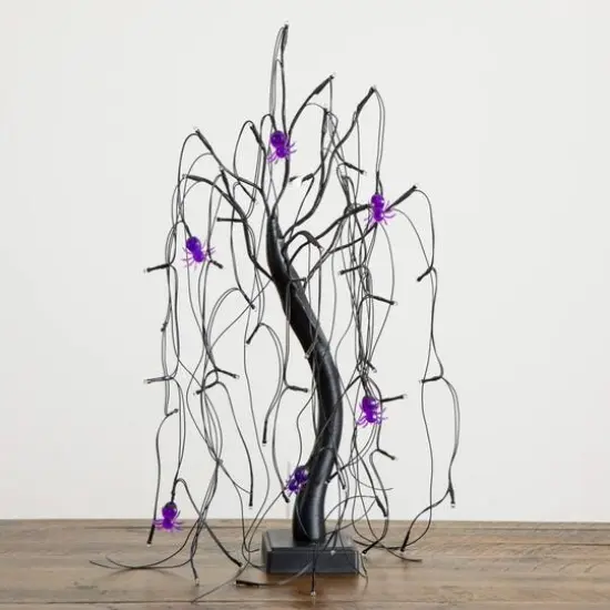 2ft. Pre-Lit Halloween Artificial Black Spooky Spider Willow Tree with 60 Orange & Purple LED Lights {7}
