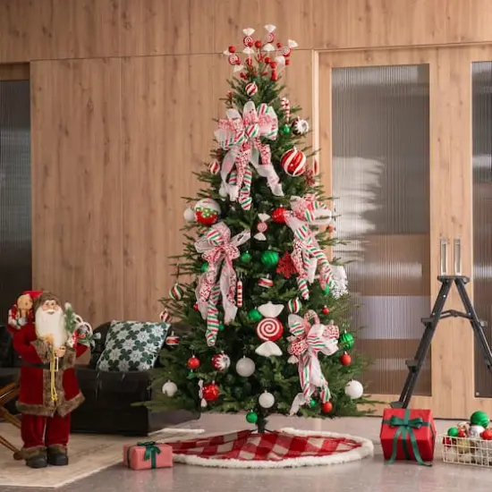 Glitzhome&reg; 4ft. Red & White Plaid Reversible Sherpa & Flannel Christmas Tree Skirt {5}