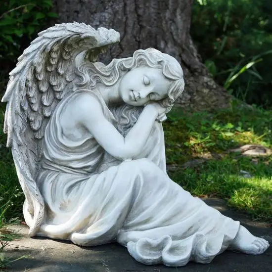19" Gray Resting Angel Outdoor Statue {3}