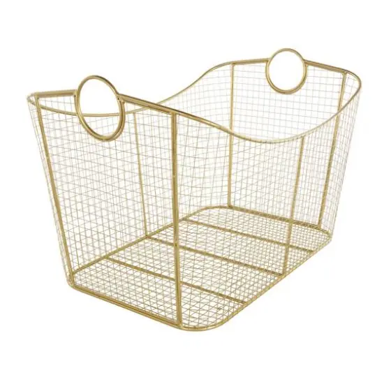 30.25" Gold Metal Geometric Wire Grid Basket with Curved Sides & Ring Handles {7}