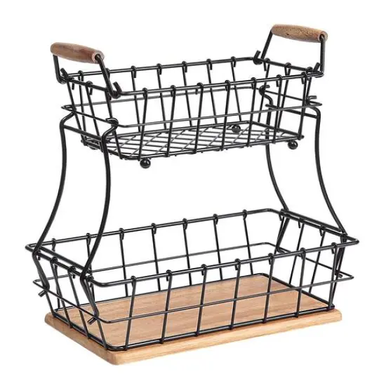 SunnyPoint 2-Tier Wire Basket with Wood Base {1}