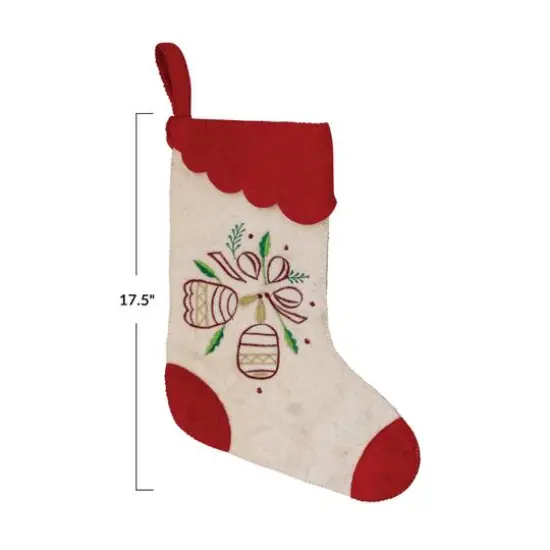 Hello Honey&reg; 17.5" Red & White Wool Felt Stocking with Embroidered Bells & Red Scalloped Trim {4}