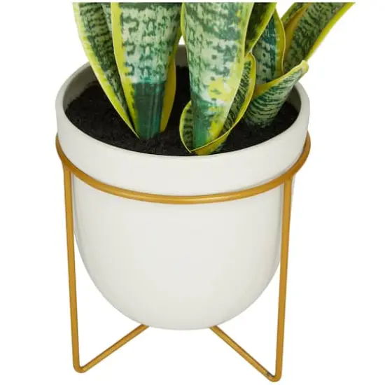 25" Green Snake Faux Foliage Artificial Plant with White Porcelain Pot and Gold Stand {4}