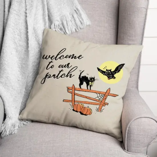Retro Black Cat & Owl Welcome to Our Patch Spun Poly Throw Pillow {3}