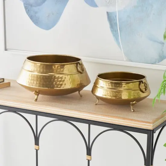 Gold Metal Scroll Foot Hammered Pot Planter Set {11}
