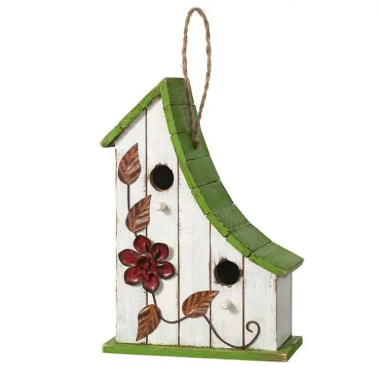 Glitzhome&reg; 13" White Distressed Wood Birdhouse with Green Roof {1}