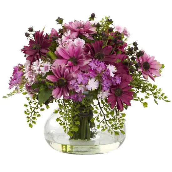 11.5" Pink & Purple Daisy Floral Arrangement in Glass Vase {1}