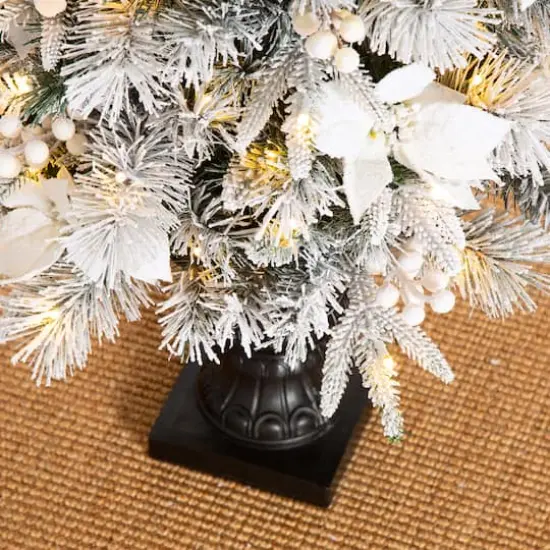 5ft. Pre-Lit Flocked Pine Artificial Christmas Tree in Planter Set, Warm White LED Lights {6}
