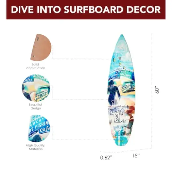American Art Decor Dogtown Collage Surfboard Plaque Wall Sign - 15" x 59.625" {5}