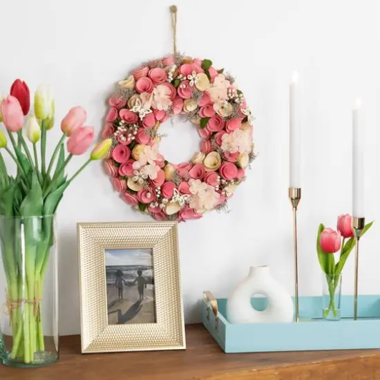 12.5" Pink Wooden Artificial Floral & Berries Spring Wreath {3}