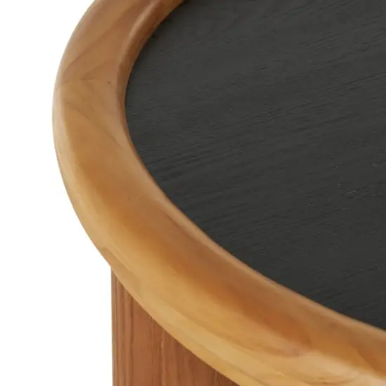 23.5" Brown Wood Handmade Round Living Room Coffee Table with Black Tabletop {5}