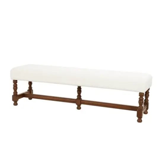 59" Cream Fabric Bench with Brown Traditional Wood Turned Legs {3}