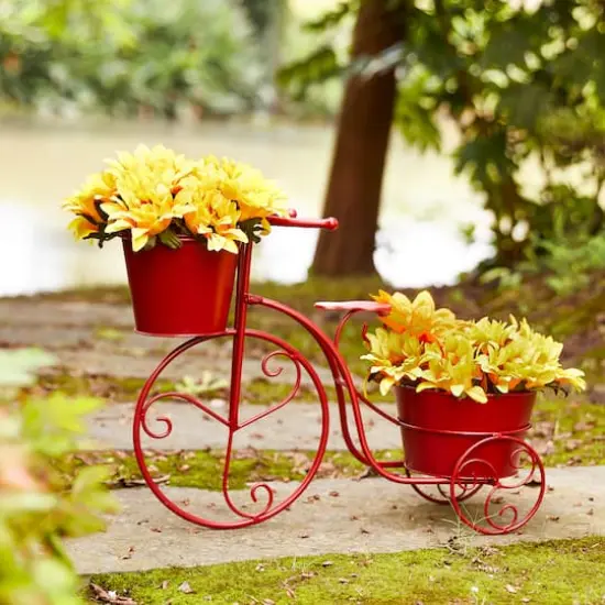 Glitzhome&reg; 21.5'' Red Metal Bicycle Plant Stand {3}