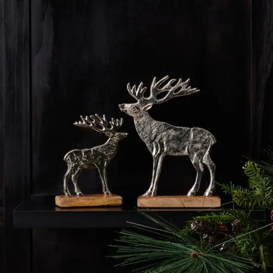 Silver Metal Deer Silhouette with Wood Base Set {5}