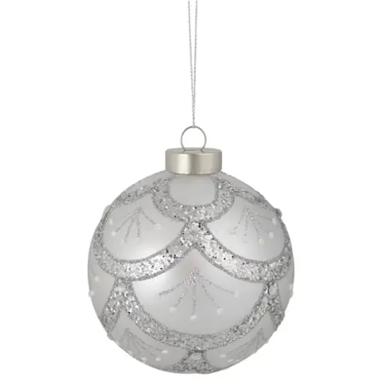 4" Glittered Silver Glass Ball Ornament {5}