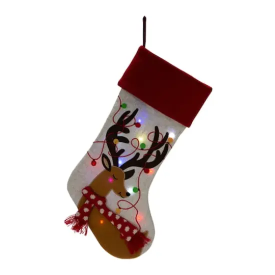 Glitzhome&reg; 21" LED Embroidered Reindeer Linen Christmas Stocking {5}