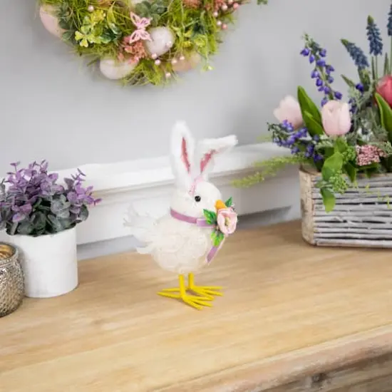 8.75" Floral Easter Chick Accent with Polka Dot Faux Fur Rabbit Ears  {4}