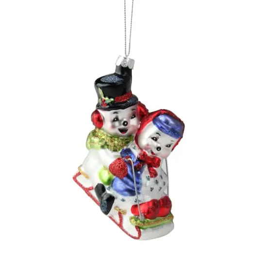 4.5" White & Red Cheerful Sledding Snowmen Couple Glass Christmas Ornament {1}