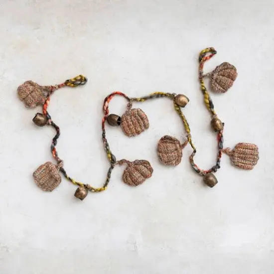 Hello Honey&reg; 6ft. Decorative Hand-Woven M&eacute;lange Fabric Pumpkin & Metal Bell Garland {3}