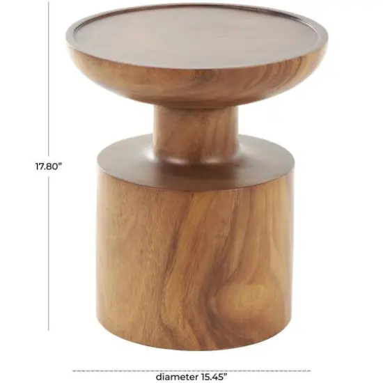 17.75" Brown Wood Handmade Accent Table with Cylinder Block Base {8}