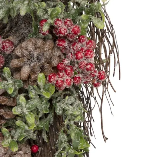 28" Unlit Glittered Boxwood, Pine Cones & Red Berry Teardrop Swag {5}