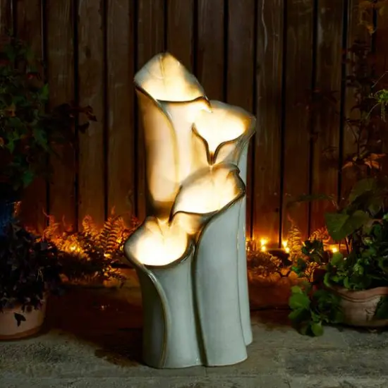 Glitzhome&reg; 31.25" 4-Tier LED Lotus Leaf Textured Ceramic Vase Outdoor Floor Fountain Sand Beige {5}