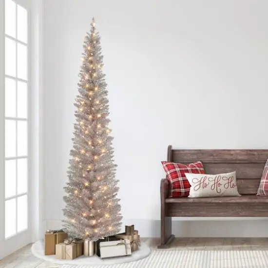 7ft. Pre-Lit Rose Gold Tinsel Artificial Christmas Tree, Clear Lights {4}
