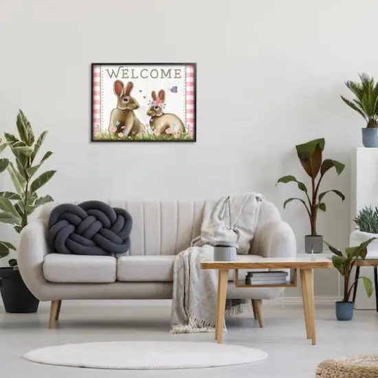 Stupell Industries Welcome Plaid Spring Garden Rabbits Framed Giclee Art Black {3}