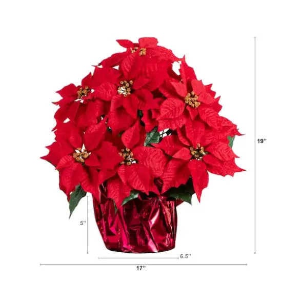 19" Artificial Poinsettia Arrangement in Red Wrapped Planter {5}