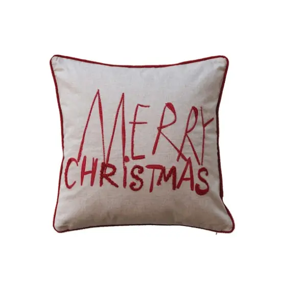 Hello Honey&reg; 18" x 18" Square Natural & Red Merry Christmas Cotton Printed Pillow with Embroidery, Corduroy Back & Piping {1}