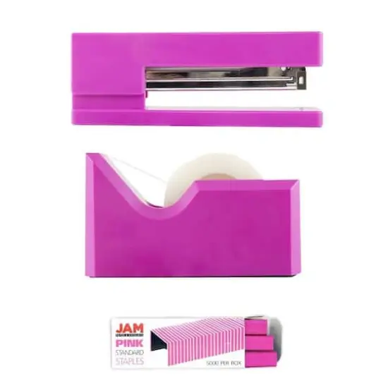 JAM Paper Stapler, Tape Dispenser & Staples Office Trio Kit Fuchsia {4}