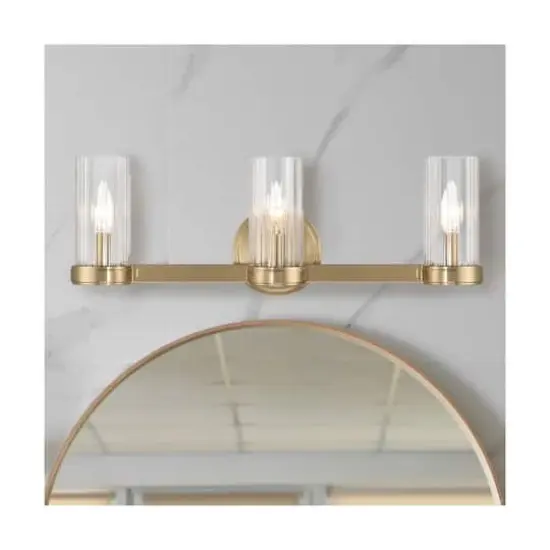 Hello Honey&reg; Izzy Brushed Gold Metal & Clear Ribbed Glass 3-Light Vanity Light {3}