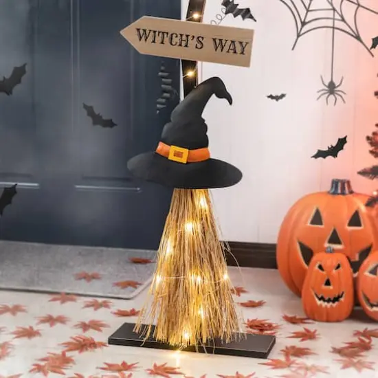 Glitzhome&reg; 42" Lighted Halloween Witch's Broom Porch D&eacute;cor with Timer {15}