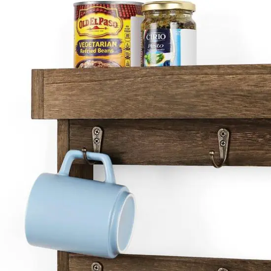 NEX&trade; 16" Rustic Brown Wood Wall-Mounted Coffee Mug Rack {8}