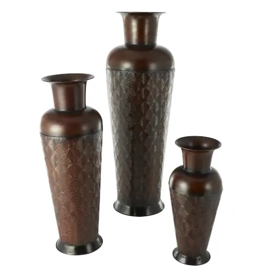 Dark Brown Metal Tall Vase Set with Geometric Designs {4}