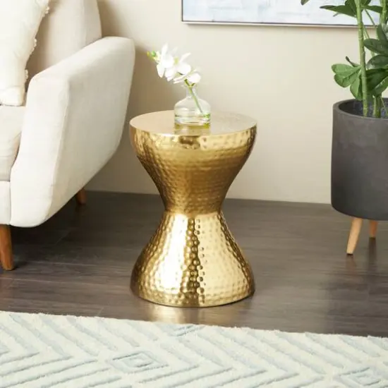 18.5" Gold Metal Hammered Accent Table with Hourglass Shape {3}