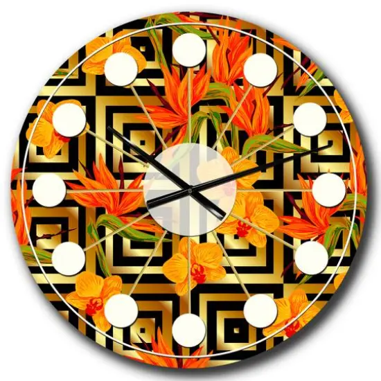 Designart 'Tropical Gold Luxury Pattern Iii Mid-Century Modern Wall Clock {1}