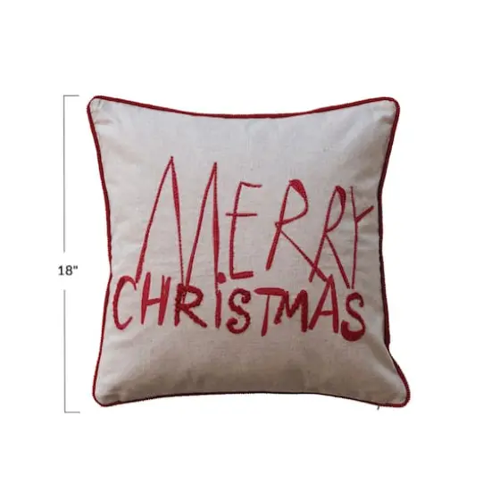 Hello Honey&reg; 18" x 18" Square Natural & Red Merry Christmas Cotton Printed Pillow with Embroidery, Corduroy Back & Piping {5}