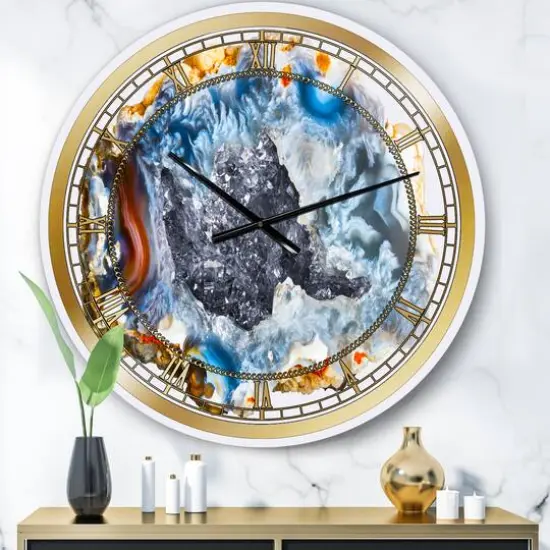 Designart 'Chalcedony Quartz Gold And Blue Ii Modern Wall Clock {1}